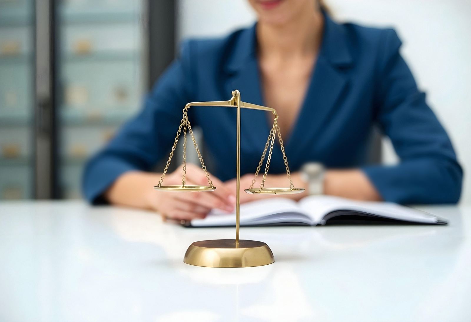 Advogada analisando um caso, com a balança da justiça em primeiro plano